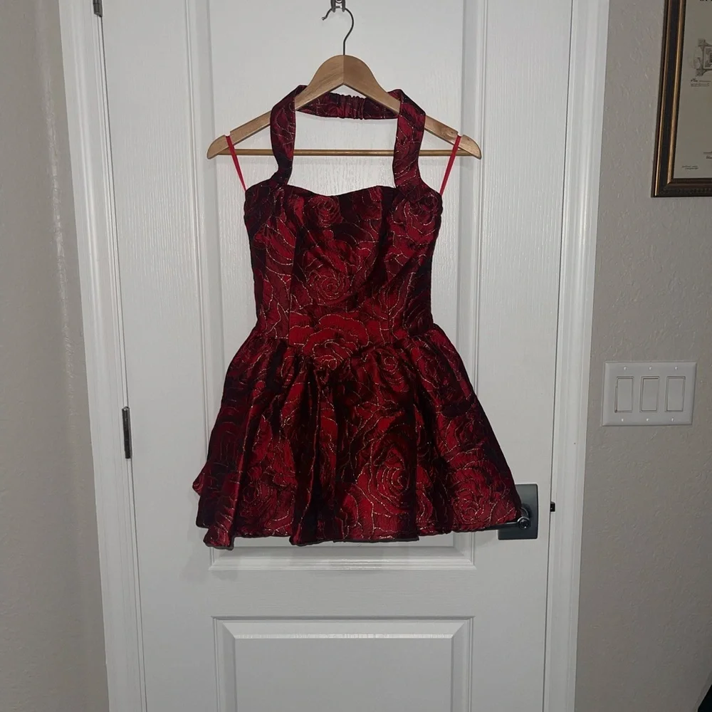 VIPER MINI DRESS lROSE PRINT $139 Elegant Red Halter Dress Textured Floral XS - Picture 2 of 12